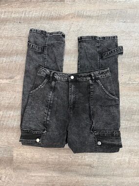 Fashion Nova Washed Black Denim Cargo Jeans